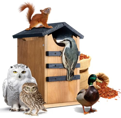 Chunful Zedernholz-Eichhörnchen-Haus, Scheunen-Eule, Vogelhaus draußen, Enten-Nistschutz, rustikaler großer Eichhörnchen-Unterschlupf und Vogelhaus-Kombination, schwere Holzbox, karbonisierte Montage