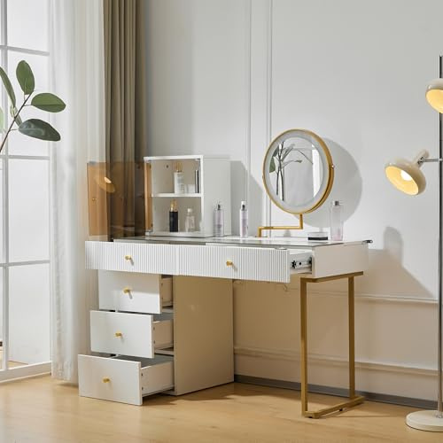 TIZZ Juego de tocador con espejo iluminado LED, tablero de cristal templado transparente, lado de tocador y armario, muebles elegantes, color blanco, medidas: 120 x 45 x 115 cm (sin taburete)