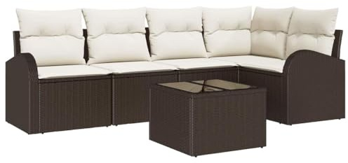 vidaXL Garten-Sofa-Set mit Kissen 6 pcs Braun und Weiß Poly Rattan, Garten und Terrasse, modernes Lounge-Set, strapazierfähige rechteckige Sectional, verstellbare Füße, UV-beständig