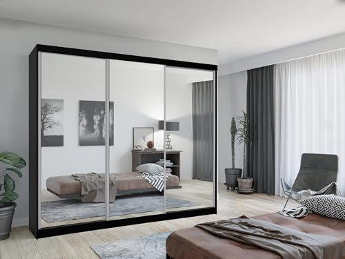 Krudox LUX Schwarz Schiebetürenschrank Kleiderschrank 250x216x62 cm mit Spiegel - Schlafzimmermöbel, Aufbewahrung – Mehrzweckschrank mit 2 Kleiderstangen und 3 Schubladen