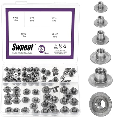 Swpeet 85pcs 5 Größen M4×7.5 M5×7 M6×10 M8×10 M10×13 Kohlenstoffstahl Tee-Mutter, Durch Loch Flansch Einfügen weibliche Gewinde-Muttern, Runde Basis Schweißen Tee-Muttern für Holzmöbel