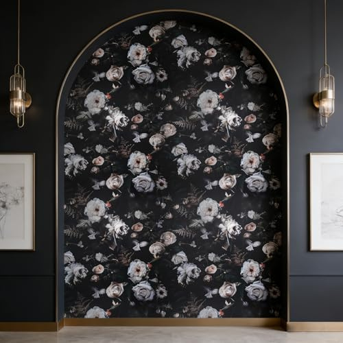 AbaBoorty Black Floral Wallpaper Peel and Stick Dark Mood Floral Contact Paper 17.5x118 Waterproof Self-Adhesive Modern Gothic Botanical Flowers Wall Paper for Cabinets Drawer
