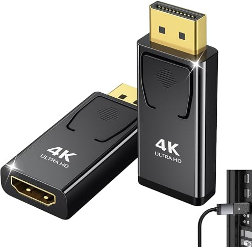 Ailah Adaptateur DisplayPort vers HDMI, DP Mâle vers HDMI Femelle, Unidirectionnel, Lot de 2, 4K 60 Hz UHD, Connecteurs Plaqués Or, Boîtier Aluminium, pour Moniteur, TV et Projecteur, Noir