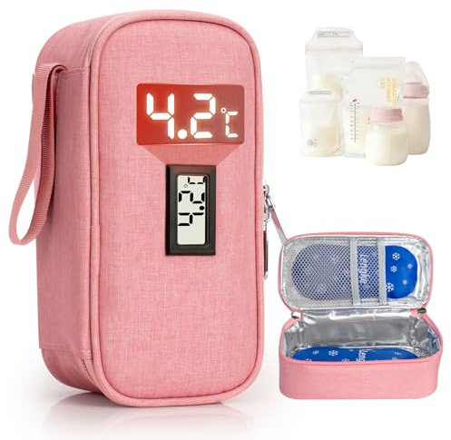 Leng Ke Breastmilk Cooler Bag - Breast Milk Cooler Travel Bag with Temperature Display, Insulated Breastmilk Cooler Bag for Travel, Breastmilk Storage Bag for Daycare Travel Nursing Mom (Pink)