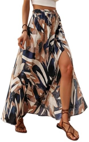 EIRUKON Jupe Longue Femme Ete Fluide Bohème Jupes Elegant A-Ligne Taille Haute Elastique Maxi Jupe de Plage Fendue Imprimé Fleur Décontractée Skirt