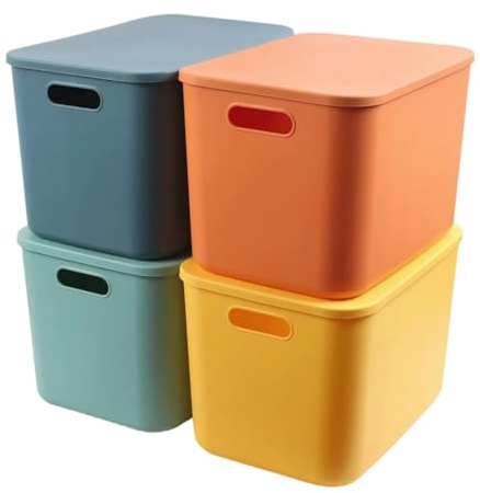 MaxEarn 4 Pack 23L Colorful Plastic Storage Boxes with Lids, 36.5x26x23.5cm | Stackable Storage Boxes with Handle, Storage Baskets Bin Organizer for Shelves, Cupboard, Kitchen, Bathroom, Office