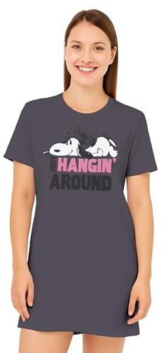 United Labels The Peanuts Snoopy Nachthemd für Damen - Just Hangin Around Schlafshirt Pyjama Kurzarm Oberteil Grau