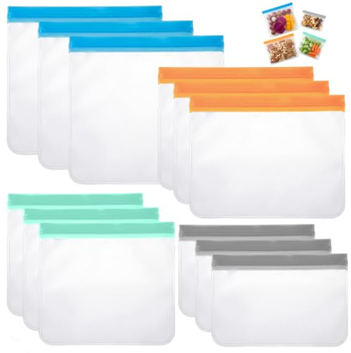 12 Pack Reusable Freezer Bags, BPA Free, Dishwasher Safe, Silicone Leakproof Food Storage Bags for Meal Prep, Vegetable Sandwich, Fruits, Snack, Travel Items