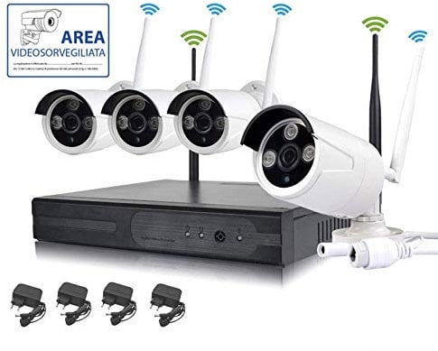 KIT VIDEOSORVEGLIANZA WIRELESS FULL HD IP 4 TELECAMERE 2 MPX WIFI DA REMOTO SENZA FILI