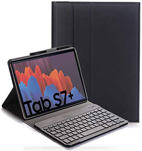 RLTech Funda Teclado Español Ñ para Galaxy Tab S7+, Español Ultra Slim Teclado Keyboard Case con Magnético Desmontable Inalámbrico Bluetooth para Samsung Tab S7+ 12.4 T970/975/976 2020, Negro