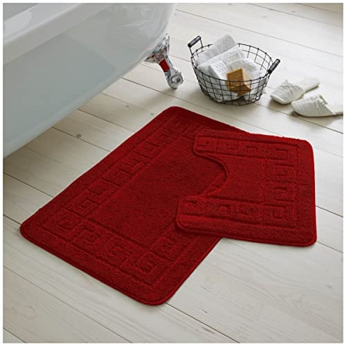 GC GAVENO CAVAILIA 2 Piece Washable Bathroom Mat, Extra Absorbent Anti Slip Bath Mats, Super Soft Toilet Rugs Set, Red, Regular, (50 x 80, 50 x 40 cm)
