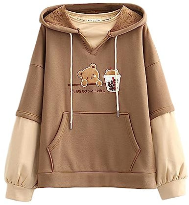Kawaii Hoodie Sweatshirt Teen Girls Cute Bear Milk Tea Patch Embroidery Pullover Hooded Tops Fake Two-piece Plus Velvet Loose Hoodies (Brown)