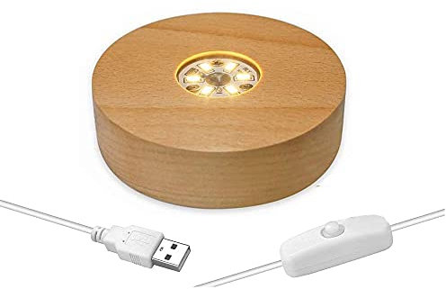 CDIYTOOL Base de luz LED de madera, redonda con luz LED, placa base de exhibición de escritorio, soporte de escritorio alimentado por USB para bolas de cristal, joyería de cristal, resina de vidrio