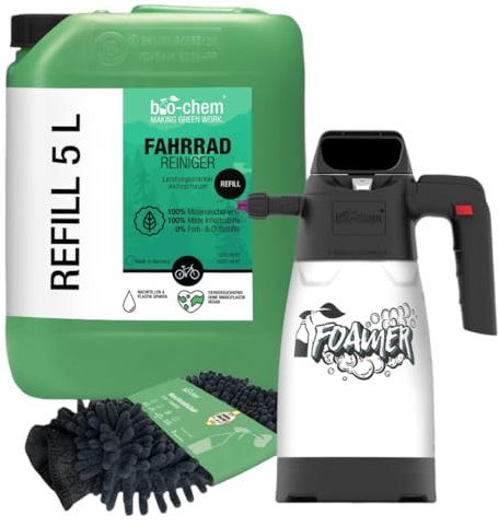 bio-chem Fahrradreiniger – 5 Liter inkl. Fahrradbürste und Tuch - materialschonendes Premium Reinigungsmittel für das gesamte Fahrrad - Geeignet für alle Fahrradtypen auch E-Bike
