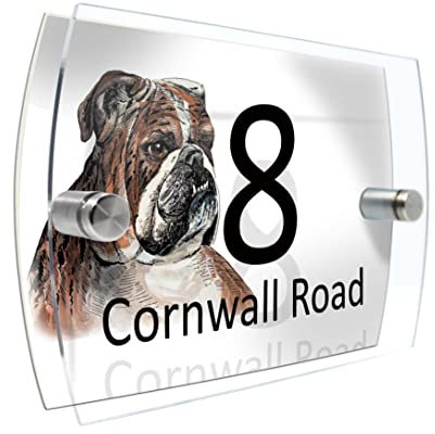 House Number Plaque Sign Door Road Plate for Dog Lovers Personalised Watercolour Print (D416 English Bulldog 3)