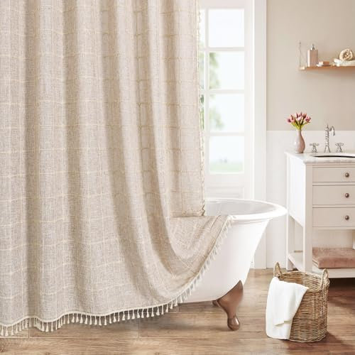 MitoVilla Ensemble de Rideaux de Douche de Style Rustique bohème en Coton et Lin pour décoration de Salle de Bain Neutre, Marron Clair, Rustique bohème, Taupe, 183 x 183 cm