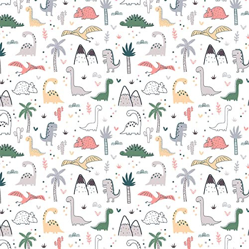Loussiesd Niedlicher Dinosaurier Polsterstoff für Stühle,Kawaii Raumdekoration,Karikatur Dino Stoff als Meterware Kind Dschungeltier Dekorationsstoff für Polster und Heimwerkerprojekte,92x160cm,Weiß