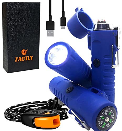 Zactly MODEL AL02 Electric Dual Arc USB Lighter Multifunction Waterproof Windproof Dustproof Rechargeable with Led Flashlight & Emergency Whistle, Camping & Outdoor Survival Tactical Tool (BLUE)