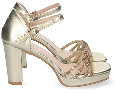 shoes&blues.es 69544-Sandalia de Tacon para Mujer, Comodo, Palas con Strass, y Cierre de Cremallera, Primavera Verano 2023. Talla 36 Oro