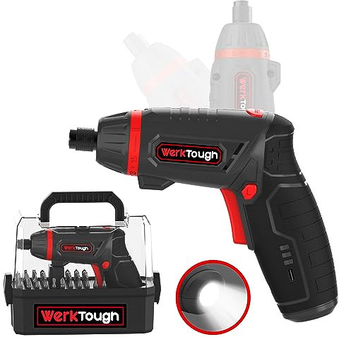 Werktough S025 4V Cordless Screwdriver 2.0A Battery Swivel Body with End Side Flashlight and 54pcs CRV Bits in Deluxe Transparent Box