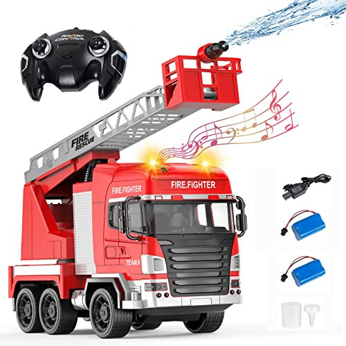 Hlieeosfcn Camion de Pompiers, Camion de Pompiers de la Ville 1:24, Camion d'arrosage à Double Batterie à 7 canaux, Camion de Pompiers Jouet télécommandé pour Les Enfants du Service d'incendie 3-6-10