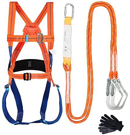 Fallschutz Auffanggurt,Absturzsicherung Sicherheitsgurt Set 5 Punkt Vollkörper Auffanggeschirr mit Handschuhe, Fallschutz Sicherheitsseil mit Puffer für Outdoor Baumklettern Bergsteigen Rettungsdienst