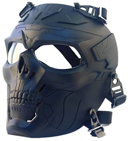 JEIMAI Taktische Airsoft Full Face Schädel Maske justierbare Paintball Maske Full Face Schutzmasken mit PC Linse Brille für Cs BBS Spiel Halloween Cosplay (Schwarz klare Linse)