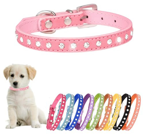Rhinestone Dog Collar Cute Crystal Diamond Cat Collar Soft Leather Kitten Puppy Collars Adjustable for Small Medium Dogs Pink XS