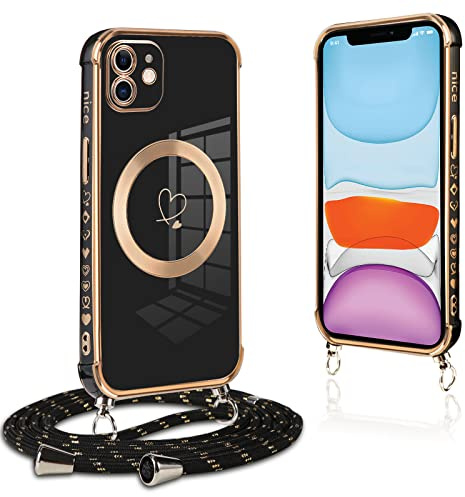 Pnakqil Funda Magnética para iPhone 11 con Cuerda, TPU Suave Silicona Love-Heart Patrón Carcasa con Collar Correa para iPhone 11, AntiChoque Cover Compatible con MagSafe, Negro