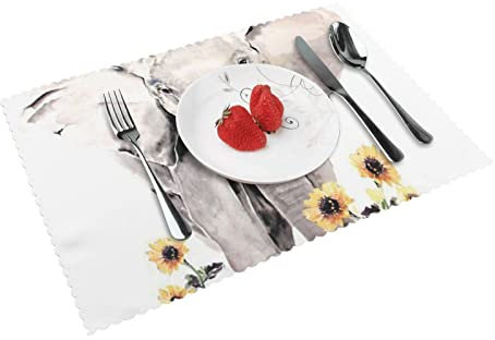 Tischsets mit Elefant und Sonnenblume, 4 Stück, rutschfest, hitzebeständig, 45 x 30 cm