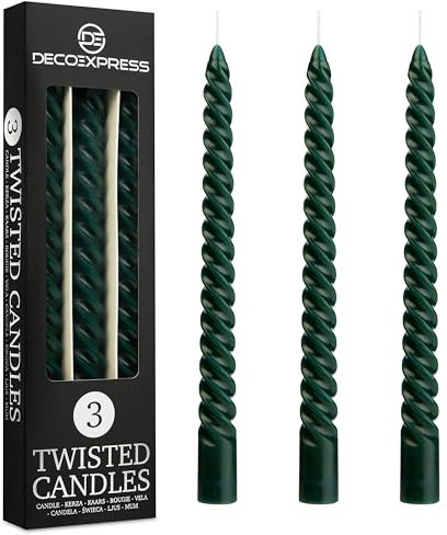 DECO EXPRESS Stabkerzen Set 3er oder 6er Tropffreie Stabkerzen Gedrehte Spiralkerzen Bunte Kerzen Brenndauer 6 Stunden Unparfümiert (Grün, 3er-Pack)