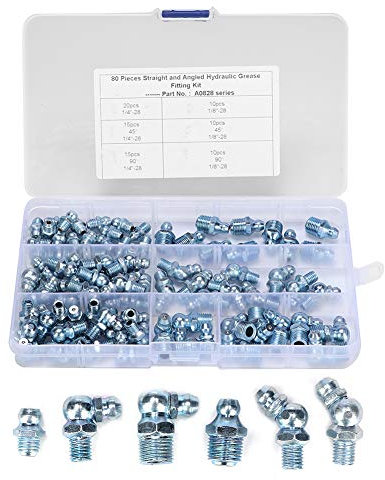 Buachois 80 Pezzi Set di Ingrassatori,45° 90° 180° 1/8in 1/4in Kit Assortimento di Capezzoli Ingrassatori,Ferro Zincato Raccordo Zerk Idraulico Per Tubo Flessibile