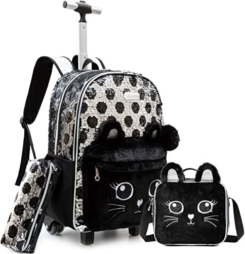 ZBAOGTW Mochila con ruedas para niñas, lonchera y bolsa para lápices, longitud ajustable, lentejuelas, mochila con ruedas para escuela, viajes, picnic