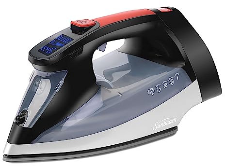Sunbeam Professional 1700W Digital Steam Iron, 11-Heat Settings, Multi-Color LCD Display Screen, Precision Ironing, Horizontal or Vertical Shot of Stem, 8' Retractable Cord, Black and Red