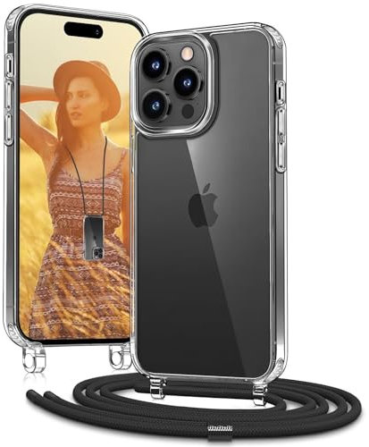 OLEPHY Handykette für iPhone 15 Pro Hülle mit Band - Necklace Handyhülle - Transparente Case zum Umhängen mit Kameraschutz und Bildschirmschutz - Schwarz
