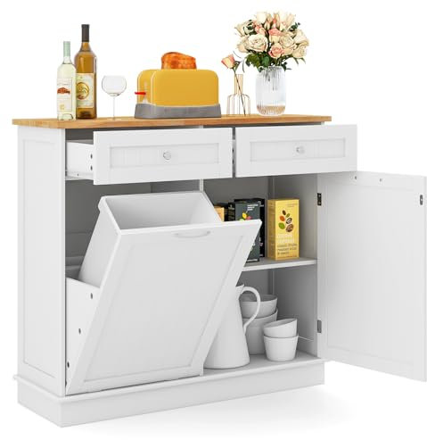 TANGZON Tilt Out Trash Can Cabinet, 2-Door Sideboard with Trash Bin Hamper, Rubber Wood Countertop & Drawers, Freestanding Pet Proof Laundry Cabinet Storage Cupboard, Bin Not Included (White)