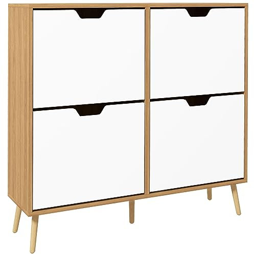 HOMCOM Modern Shoe Cabinet with 4 Flip Drawers and Adjustable Shelf, Hallway Shoe Cupboard Storage Organizer for 16 Pairs of Shoes, Natural