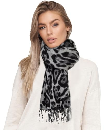 Glamexx24 Damen XXL-Schal mit Leopardenmuster und Fransen | Kuschelig warmer, dreifarbiger Oversized-Deckenschal für Herbst und Winter, auch als Poncho tragbar