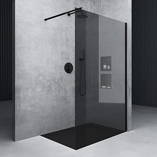Mai & Mai Box Doccia Walk-In 130x200cm, Parete Doccia in Vetro 8mm Braccio di Sostegno 70-120cm MMBR1 Vetro di Sicurezza ESG con Rivestimento Nano Nero Bremen01VG