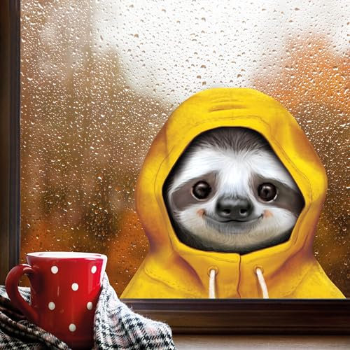 Fensterbild Tiere im Regenmantel mit Kapuze Herbst herbstlicher Fensteraufkleber Fensterdeko Regen, ca. A3 Format, Faultier