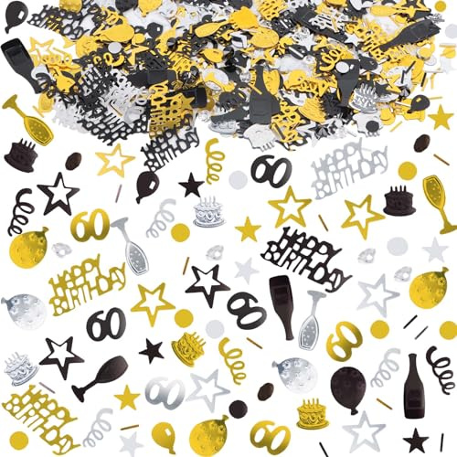 Konfetti 60 Geburtstag 1000 Stück, Konfetti Geburtstag Tischdeko HAPPY BIRTHDAY Konfetti, Streudeko Geburtstag Tischdeko für 60 Geburtstag Deko, Glitzer Konfetti Schwarz Gold Konfetti für Geburtstag