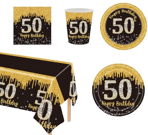69Pcs Black Gold 50th Birthday Party Tableware,Black 50th Birthday Tableware Set with Paper Plates,Napkins Serviette,50th Table Cloth,Paper Cups for Women Men Her Him Birthday Party Table Decorations