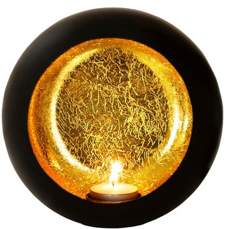 Gadgy Teelichthalter Schwarz Gold - Windlicht Esstisch Deko - Teelichthalter Metall rund - Windlicht Metall Deko schwarz - Tischdeko Windlicht schwarz - Wohndeko 17 x 10 cm