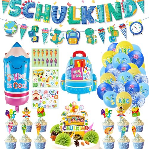Einschulung Deko Junge Schulkind Deko Schulanfänger mit Tortendeko Einschulung Schulanfang Deko Set - Blau SCHULKIND Girlande + Schultüte Banner + Luftballons Einschulung mit ABC/123/Zuckertüte