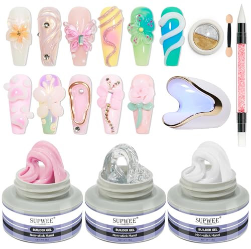 SUPWEE Festes Aufbau-Nagel - 18g Multifunktionales 3D Skulptur-Builder-Gel 3 Farben Non-Sticky Nail Extension Gel Klar Weiß Rosa Mustern Prägung hartes Gel mit UV Nail Lamp