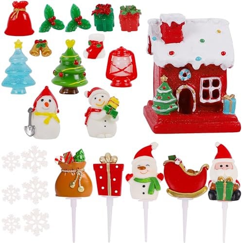 Lulu Home 24-teiliges Weihnachtsdekorations-Bastelset, Kunstharz, Miniatur-Schneemann-Baum, Schneeflocken, Geschenk-Box, Weihnachtsmann-Figuren, Cupcake-Picks und Haus-Ornamente für Schneekugeln,
