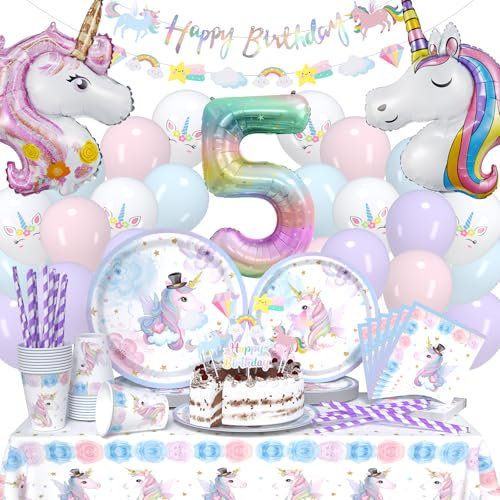 119 piezas unicornio 5 años fiesta vajilla juego de globos, fiesta de cumpleaños infantil unicornio decoración globo plato de papel para fiesta, fiesta de cumpleaños infantil