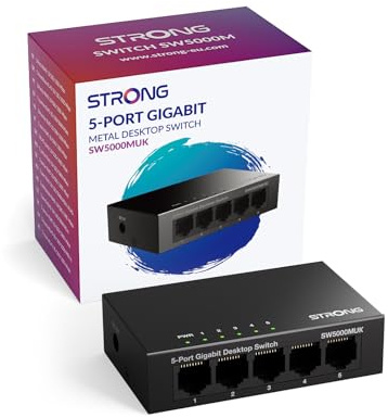 STRONG 5-Port Gigabit Network Switch, Metal Ethernet Splitter SW5000MUK | 1000 Mbps LAN Hub Plug & Play, Fanless, Silent Operation, Desktop or Wall-Mount, Ideal for TV/PC/Gaming/Smart Home Devices