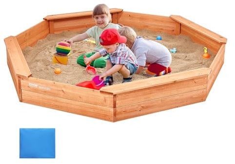 VEVOR Caja de Arena Octogonal de Madera con Tapa, 192 x 192 x 23 cm, Arenero con 4 Asientos y Revestimiento Inferior Caja de Arena para Niños de 3 a 12 Años para Exteriores, Patio, Playa, Parque