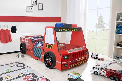 Aileenstore Feuerwehrbett Kinder 90x200 Spielbett Kinderbett Rio Firetruck Autobett Hochglanz mit LED Leuchte (Rot, mit Matratze und Bettwäsche)